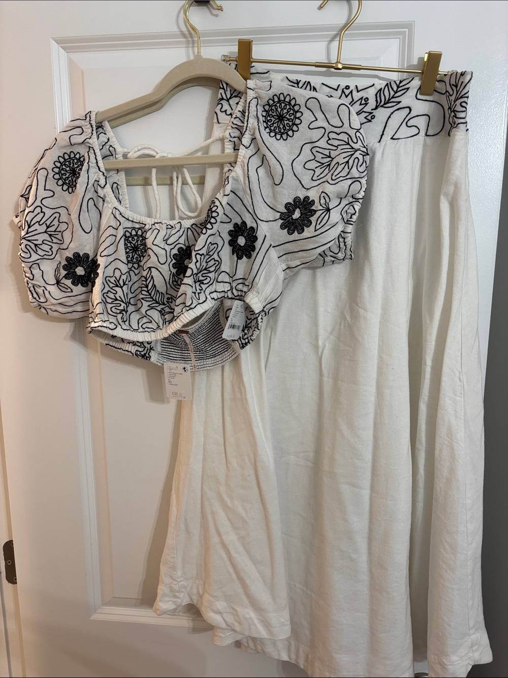 Free People White Crop Top with Black Floral Embroidery